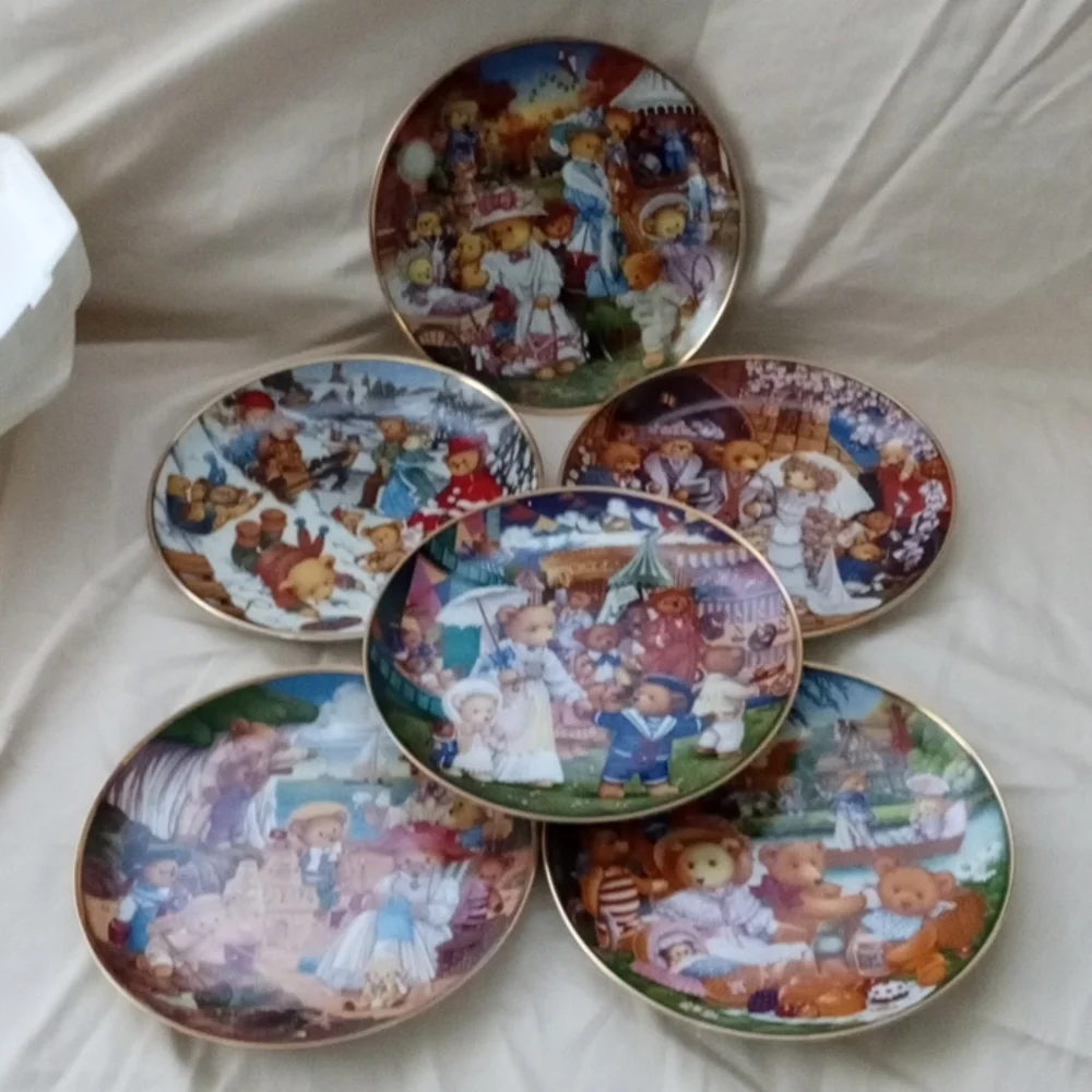Vintage Set 6 Franklin Mint Porcelain Plate Teddy Bear by Carol Lawson Ltd w box